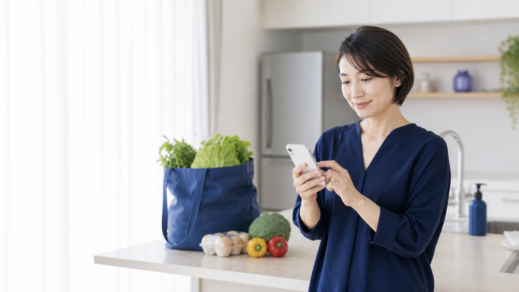 買い物後に自宅でスマートフォンのアンケートへ回答する生活者